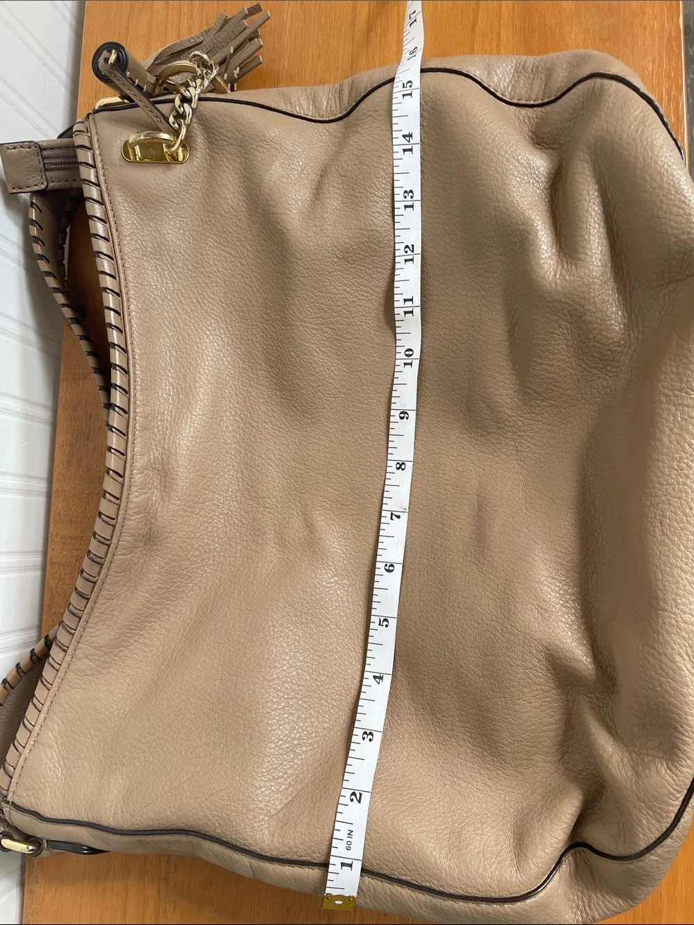 Michael Kors Beige Leather Hobo with Braided Strap & Tassel Charm